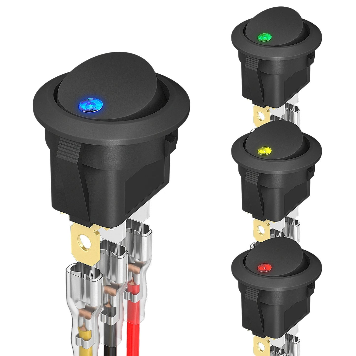 4 x ROUND ROCKER SWITCH WITH LED PRE WIRED 12V 20A
