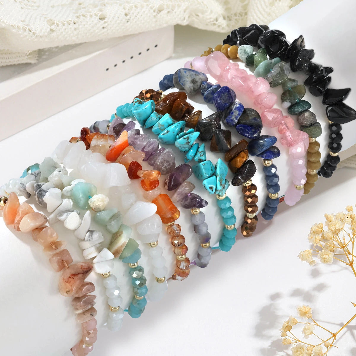 12 x NATURAL STONE STRETCH BRACELET SET – MULTICOLOUR UNISEX BEADED JEWELLERY 02