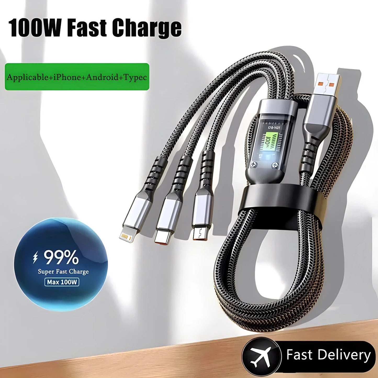 100w FAST CHARGING MULTI WAY CABLE, TYPE C MICRO USB LIGHTNING