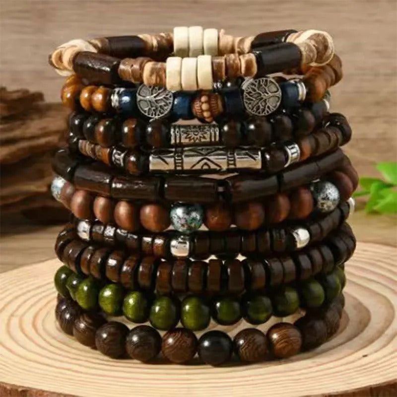 10 x WOODEN BEADED BRACELETS FOR MEN – BOHO ETHNIC TREE OF LIFE VINTAGE SET 07