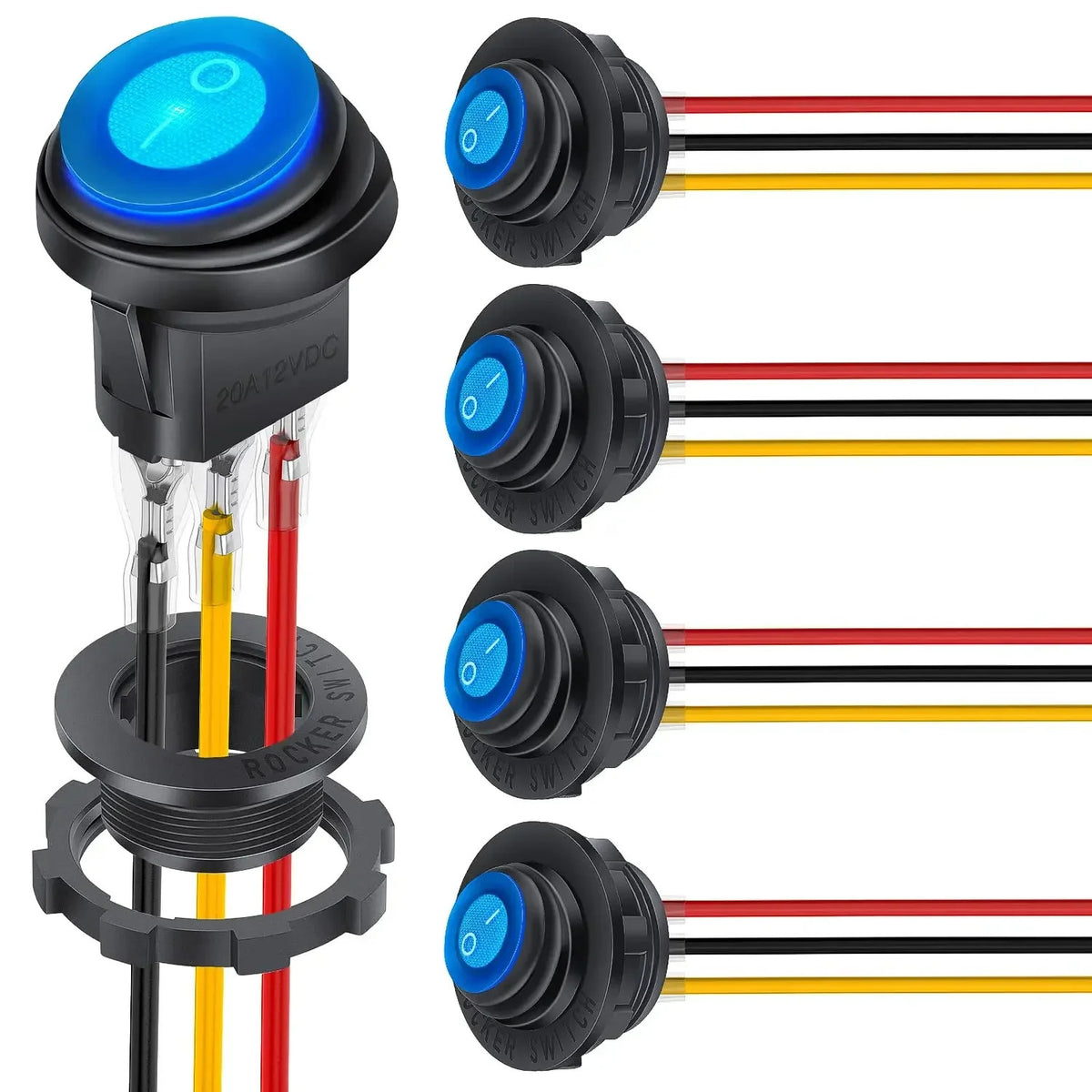 5 x RED / BLUE LED WATERPROOF ROCKER SWITCH PRE WIRED SPST 3 PIN ROUND ON OFF