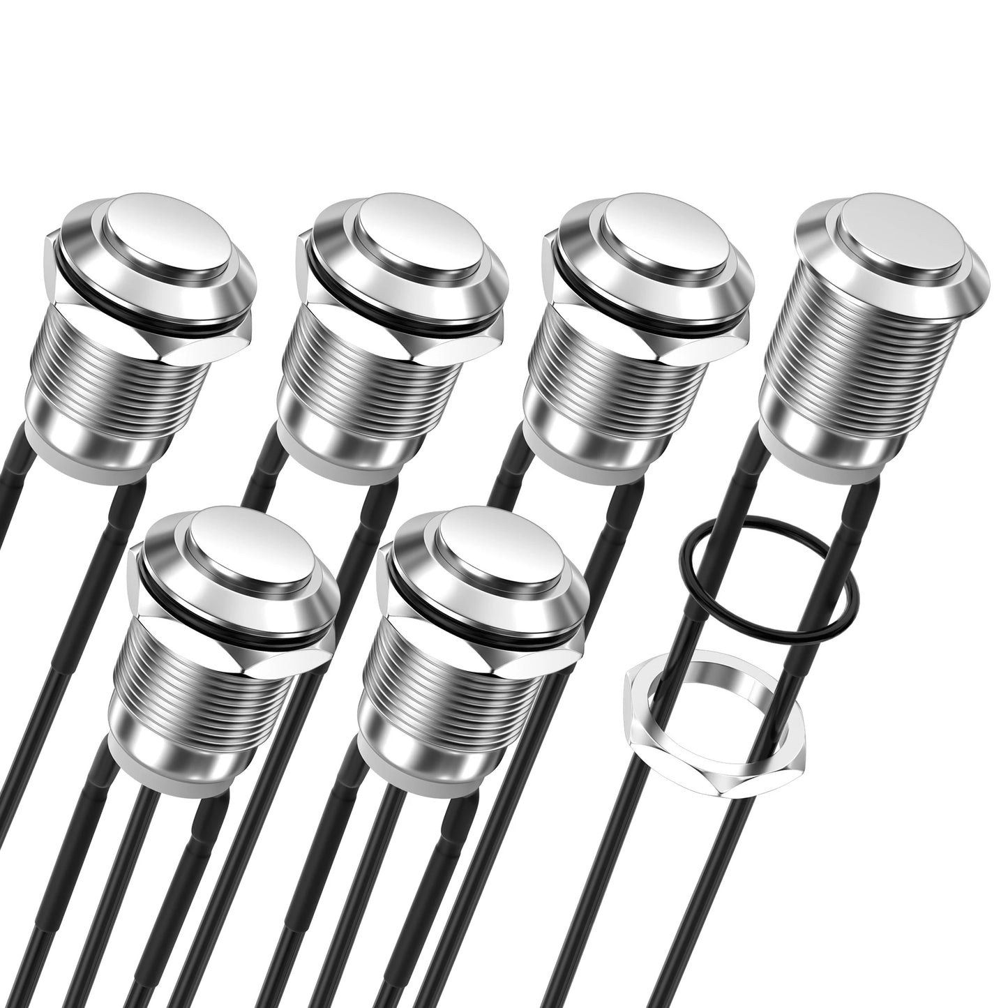 6 x STAINLESS STEEL MOMENTARY PUSH SWITCH 12mm PRE WIRED