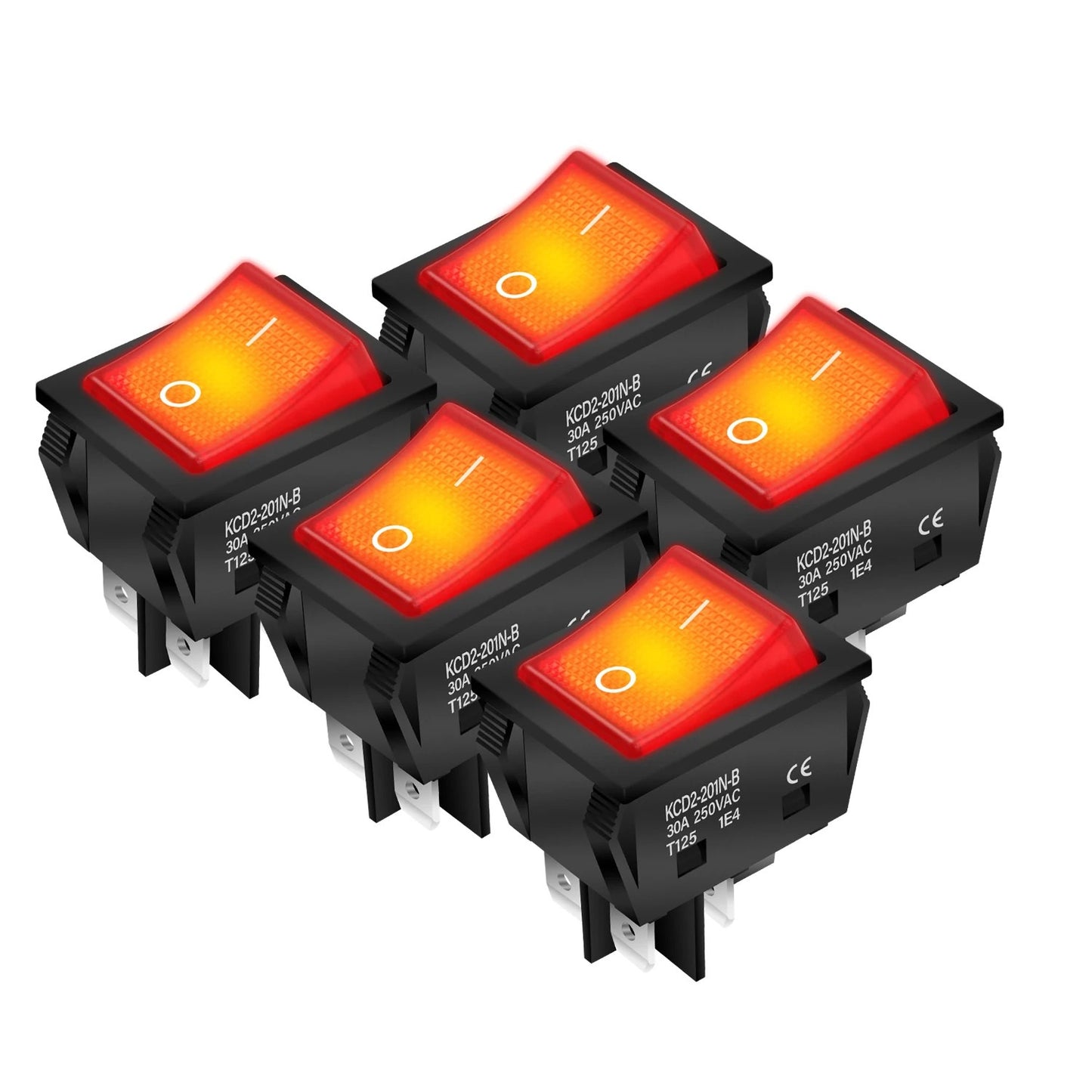 5 x 30A 250V HEAVY DUTY KCD2 ROCKER SWITCH 4 PIN RED LED