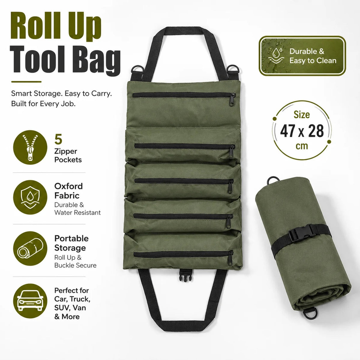 ROLL UP TOOL BAG ORGANISER 5 POCKET OXFORD TOOL STORAGE POUCH GARAGE CAR DIY