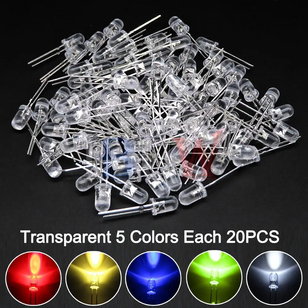100 x 5mm LED DIODES RED GREEN BLUE YELLOW ORANGE MIXED
