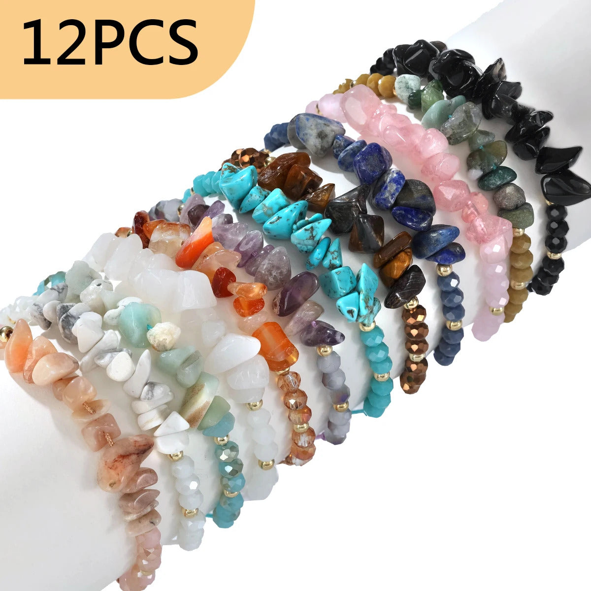 12 x NATURAL STONE STRETCH BRACELET SET – MULTICOLOUR UNISEX BEADED JEWELLERY 02
