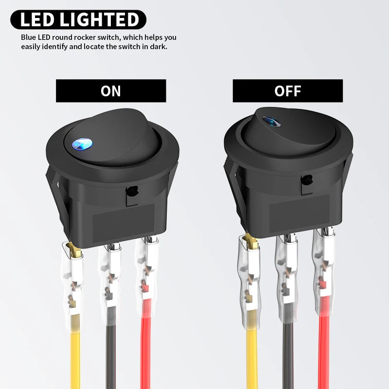 4 x ROUND ROCKER SWITCH WITH LED PRE WIRED 12V 20A