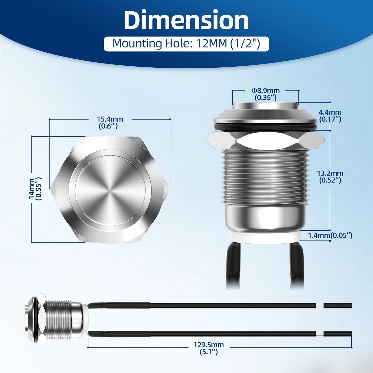 6 x STAINLESS STEEL MOMENTARY PUSH SWITCH 12mm PRE WIRED