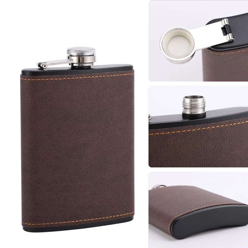 BROWN & GREY HIP FLASK 6oz 8oz STAINLESS STEEL