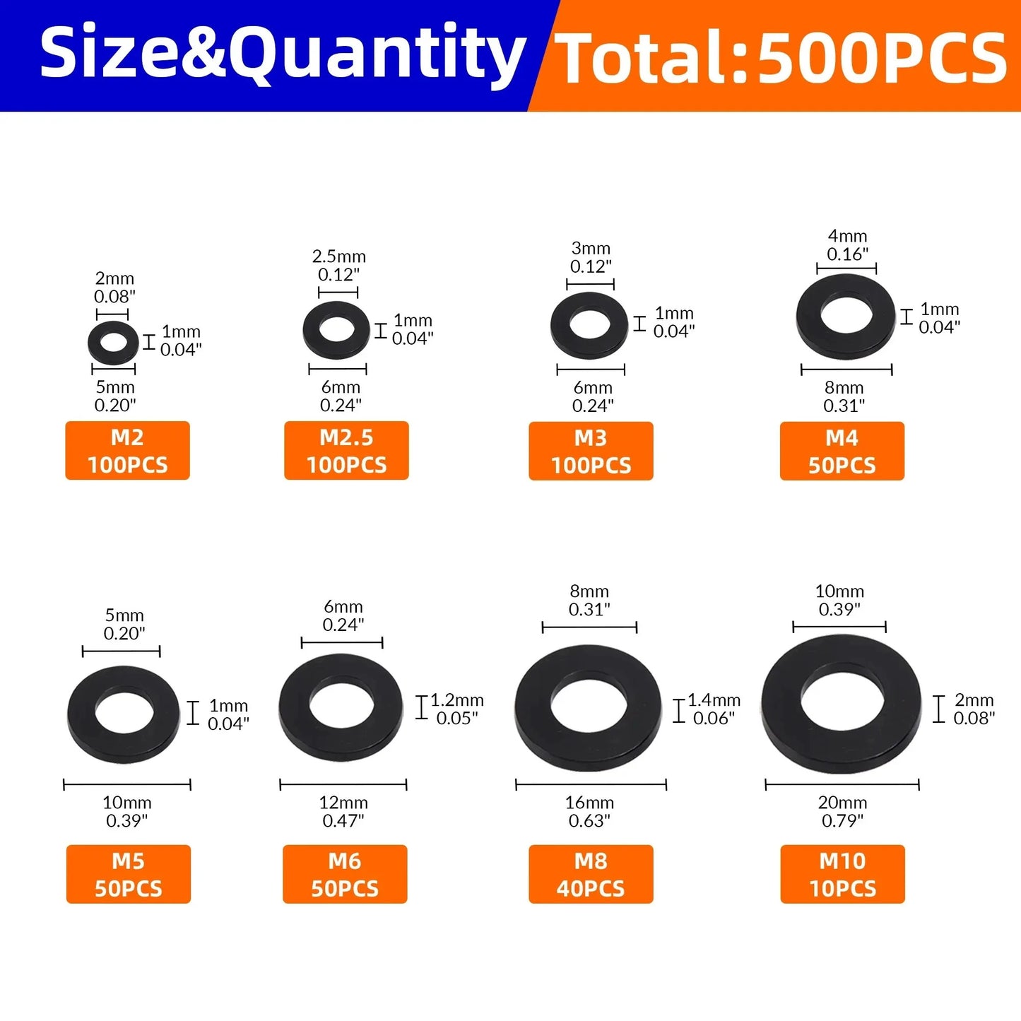 500 x BLACK NYLON WASHER M2 M2.5 M3 M4 M5 M6 M8 M10