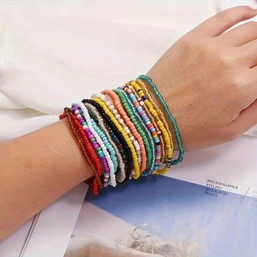 17 x COLOURFUL BOHO BEADED BRACELET SET – ELASTIC STACKABLE STRETCH BRACELETS 01