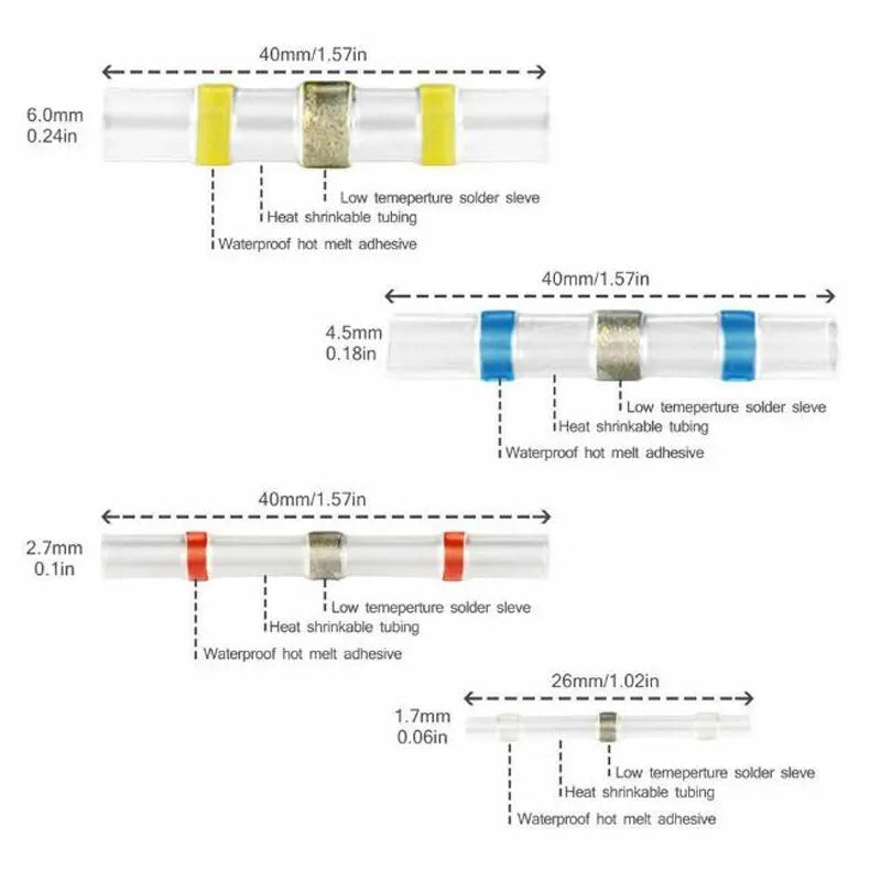 100 x WATERPROOF SOLDER SEAL HEAT SHRINK BUTT CONNECTORS