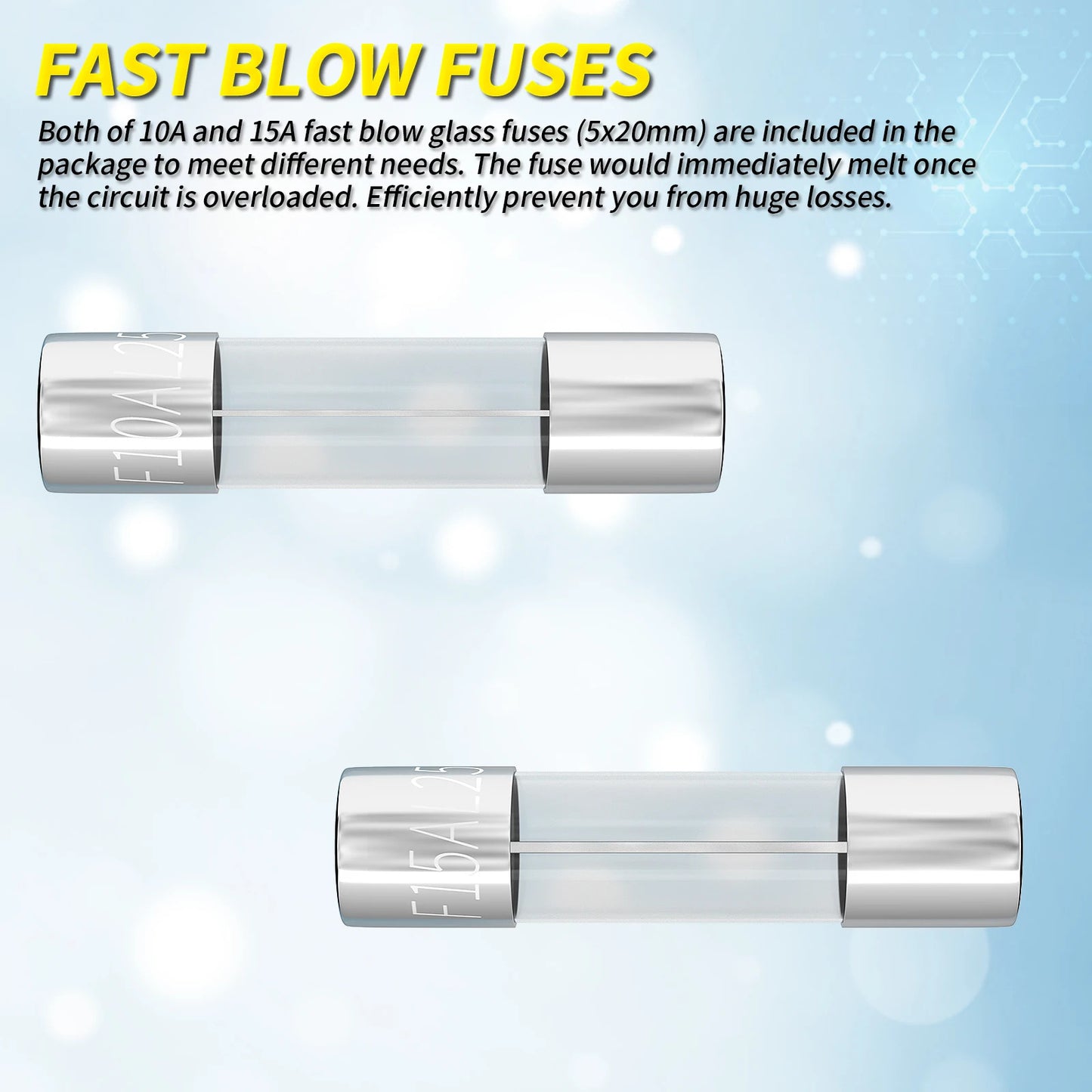 5 x PANEL MOUNT GLASS FUSE HOLDERS & FUSES - PRE SOLDERED WIRES