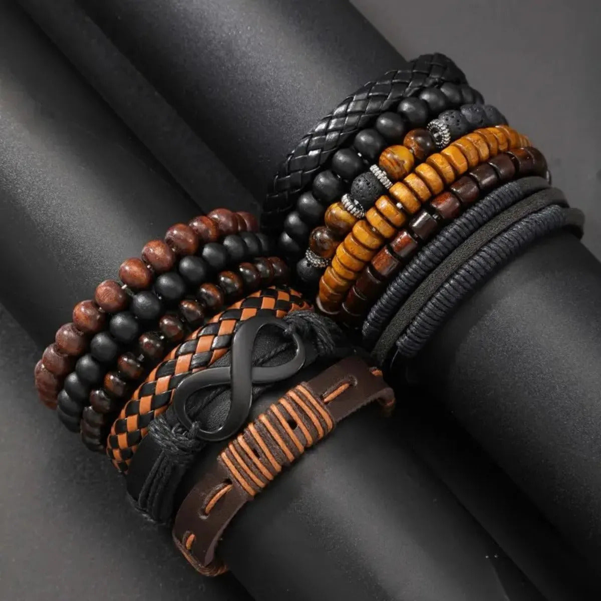 12 x VINTAGE TIGER'S EYE & MOONSTONE STYLE BRACELET SET – WOVEN FAUX LEATHER 03