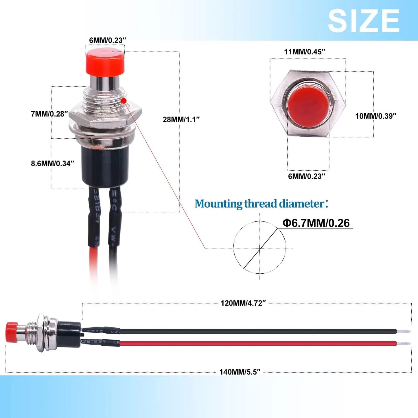 12 x PRE WIRED MINI MOMENTARY PUSH SWITCHES BLACK & RED 7mm SPST