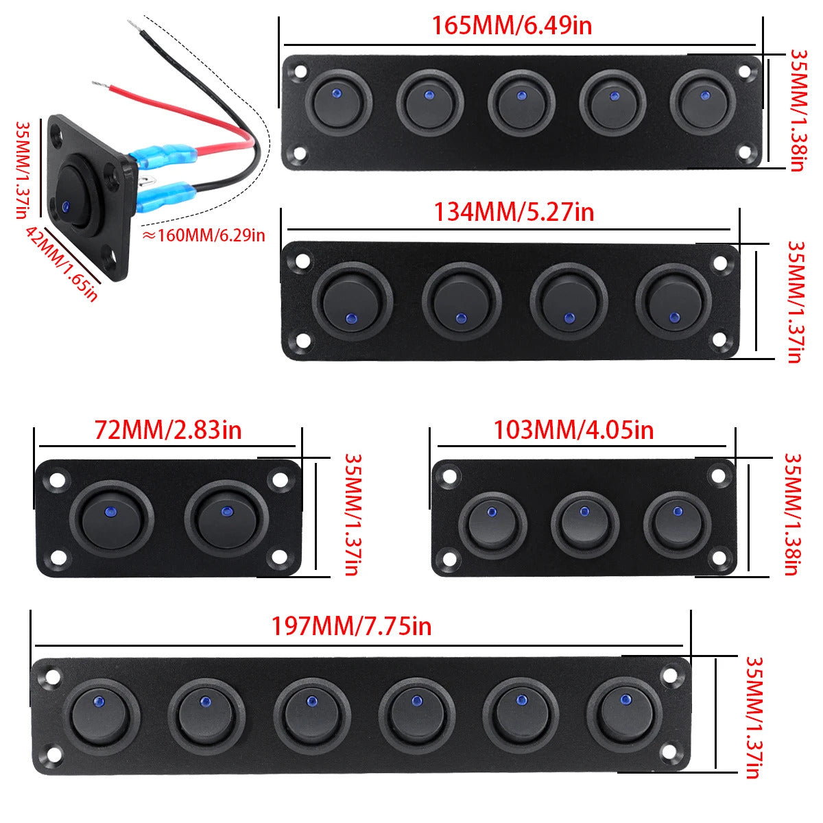 20A ALUMINIUM ROCKER SWITCH PANEL 1 2 3 4 5 6 SWITCHES 12V 3 PIN