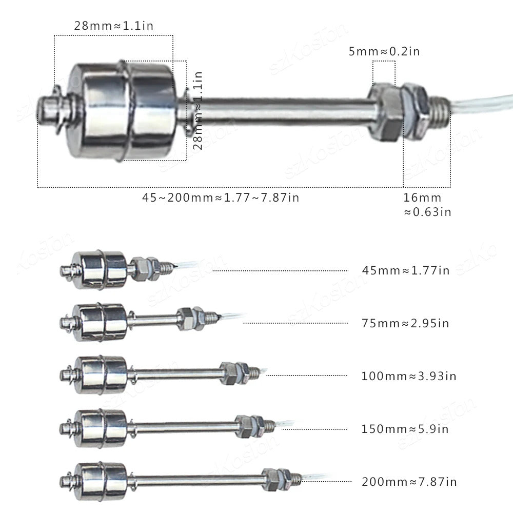 STAINLESS STEEL FLOAT SWITCH 45mm 75mm 100mm 150mm 200mm