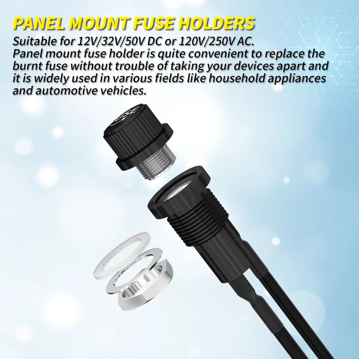 5 x PANEL MOUNT GLASS FUSE HOLDERS & FUSES - PRE SOLDERED WIRES