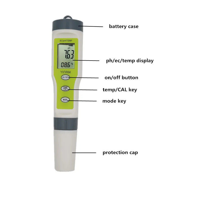 3 IN 1 DIGITAL WATER TESTER PH EC TEMPERATURE METER REPLACEABLE PROBE GREEN