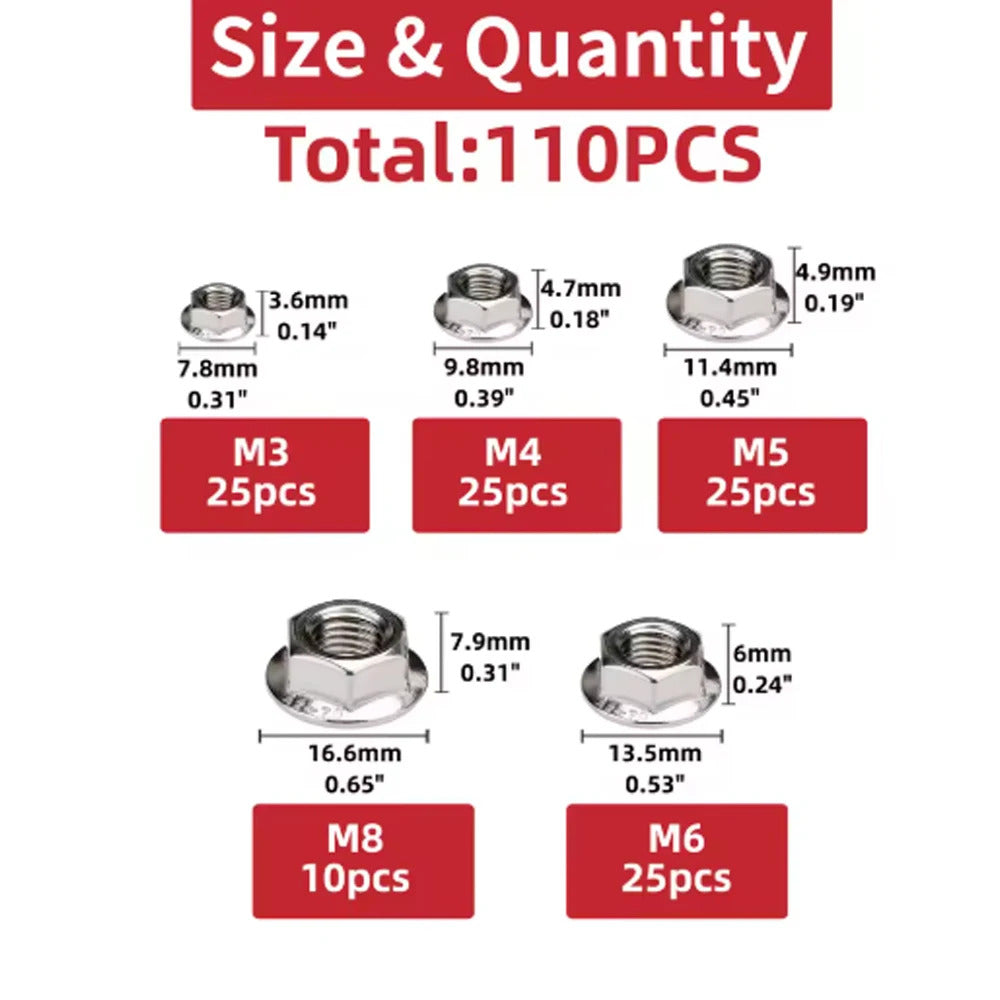 110 x STAINLESS STEEL M3 - M8 HEX FLANGE NUTS