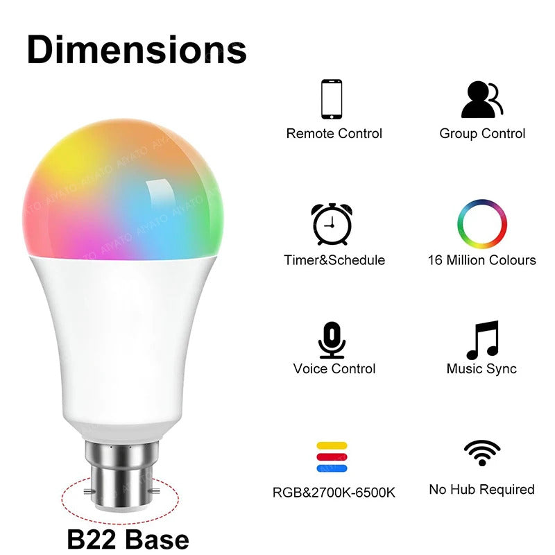WIFI SMART BULB 18w - COLOUR CHANGING - GOOGLE HOME & ALEXA - B22 BASE