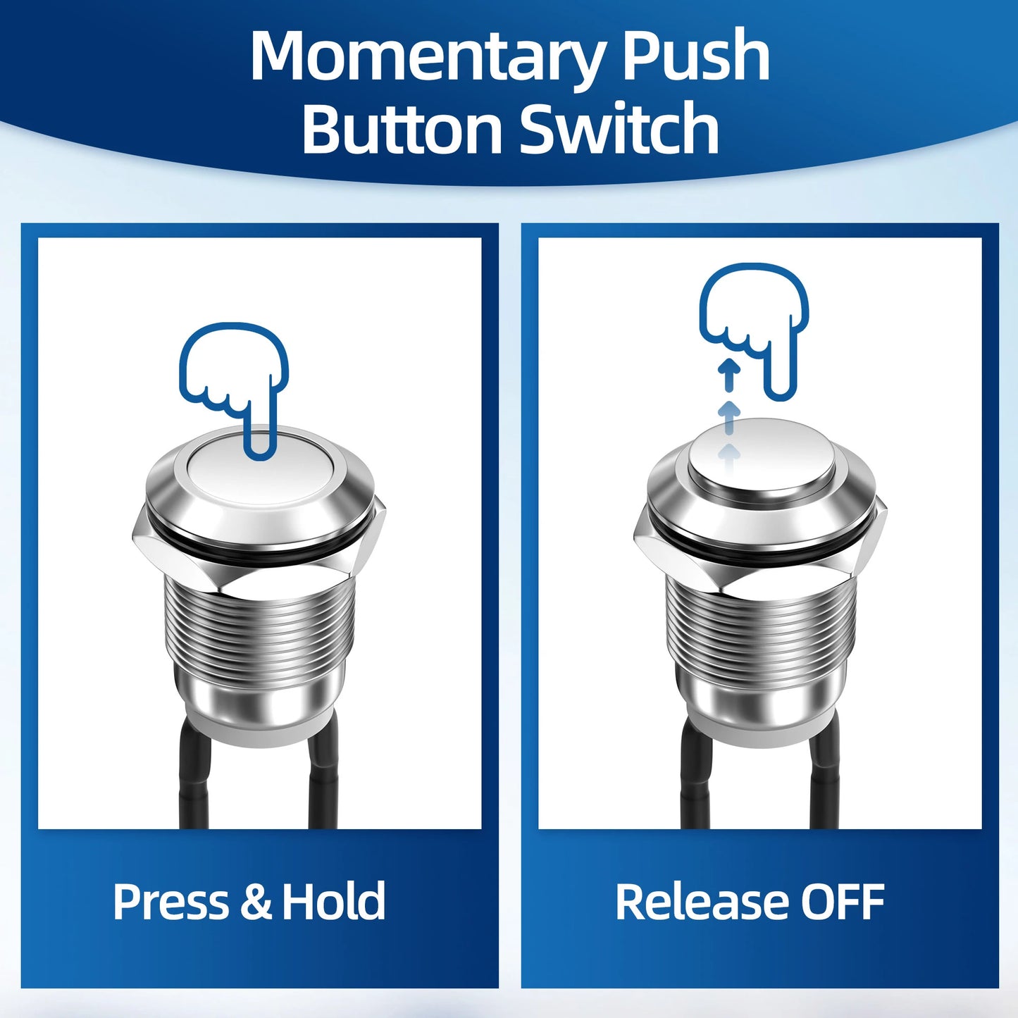 6 x STAINLESS STEEL MOMENTARY PUSH SWITCH 12mm PRE WIRED