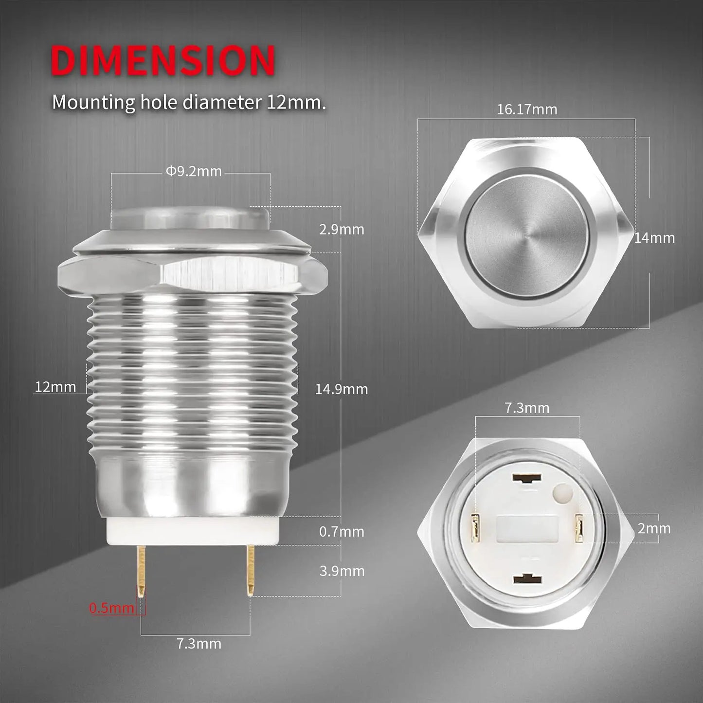 6 x STAINLESS STEEL MOMENTARY PUSH SWITCH 12mm
