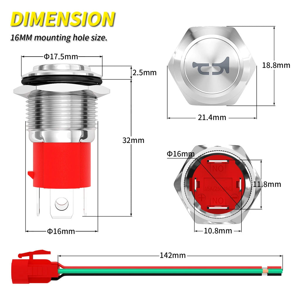 16mm METAL HORN BUTTON 12V 20A - BLUE LED