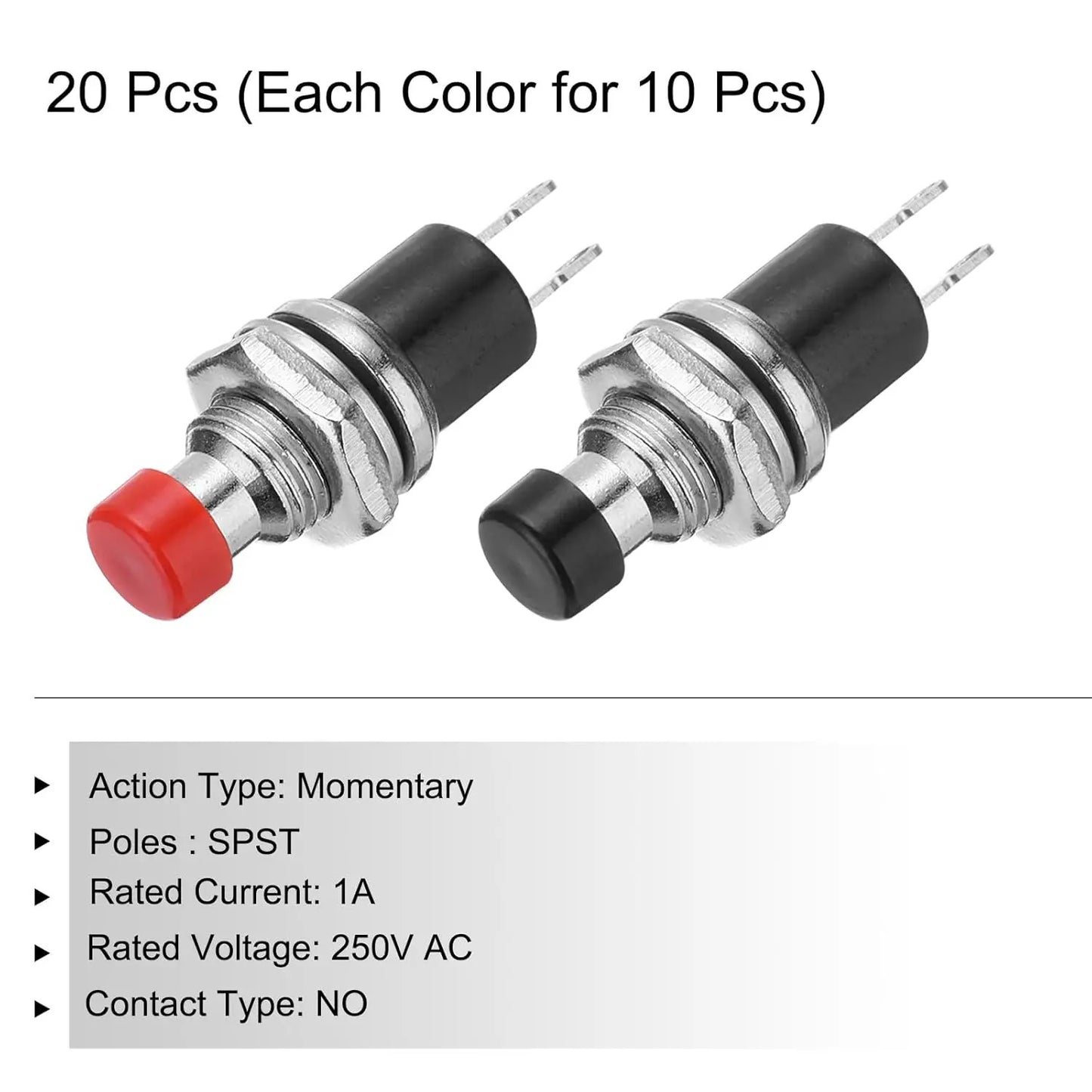20 x MINI MOMENTARY PUSH SWITCHES - 1A 250V AC 7mm NO BLACK & RED