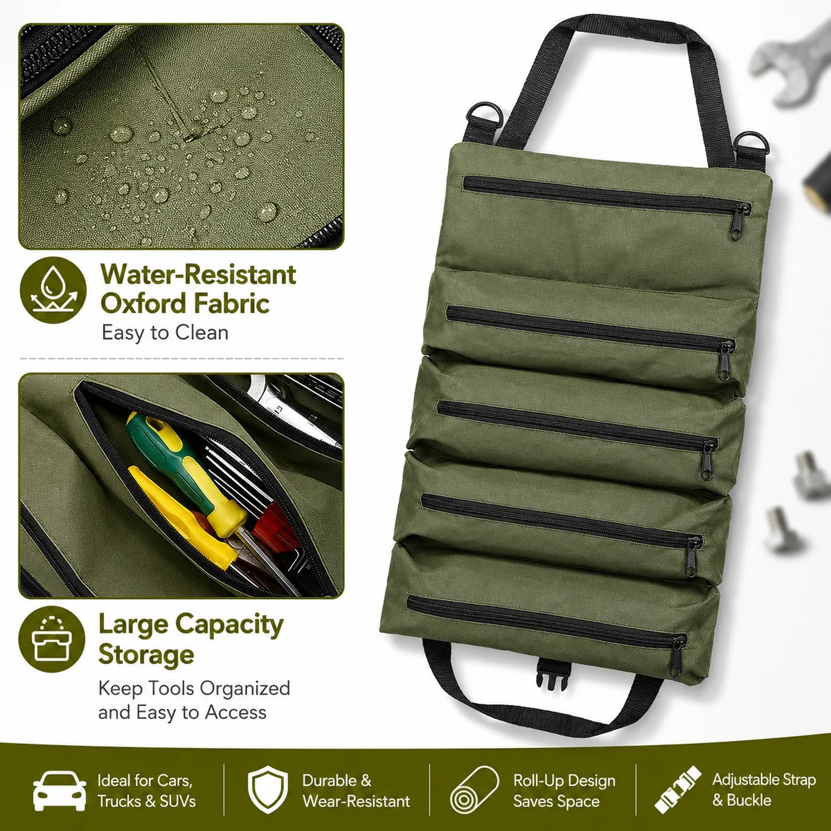 ROLL UP TOOL BAG ORGANISER 5 POCKET OXFORD TOOL STORAGE POUCH GARAGE CAR DIY