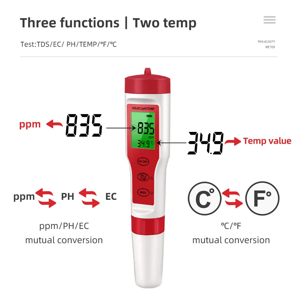 4-IN-1 DIGITAL WATER QUALITY TESTER – TDS, EC, PH & TEMPERATURE METER RED