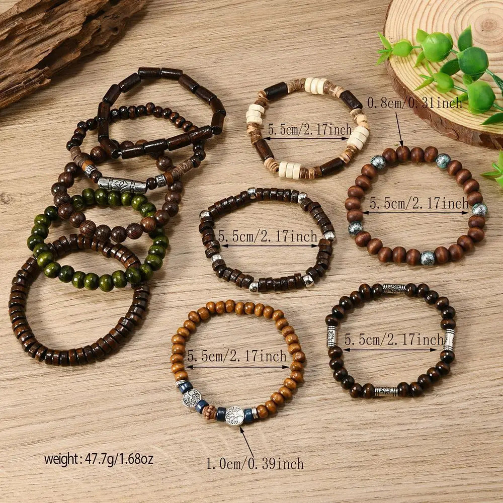 10 x WOODEN BEADED BRACELETS FOR MEN – BOHO ETHNIC TREE OF LIFE VINTAGE SET 07