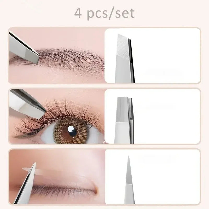 4 x EYEBROW TWEEZERS, STAINLESS STEEL