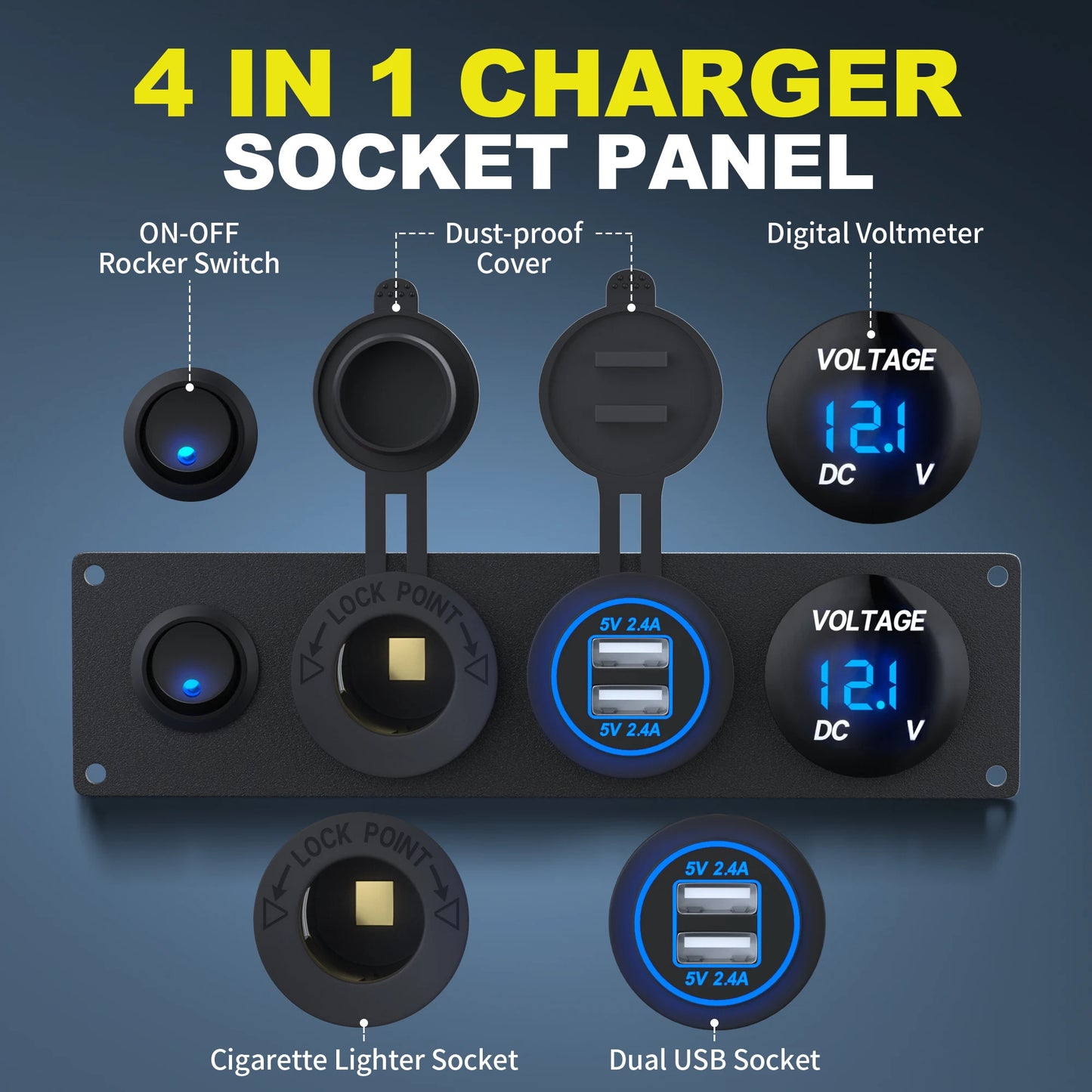 4 in 1 CAR CHARGER SOCKET PANEL VOLTMETER SWITCH