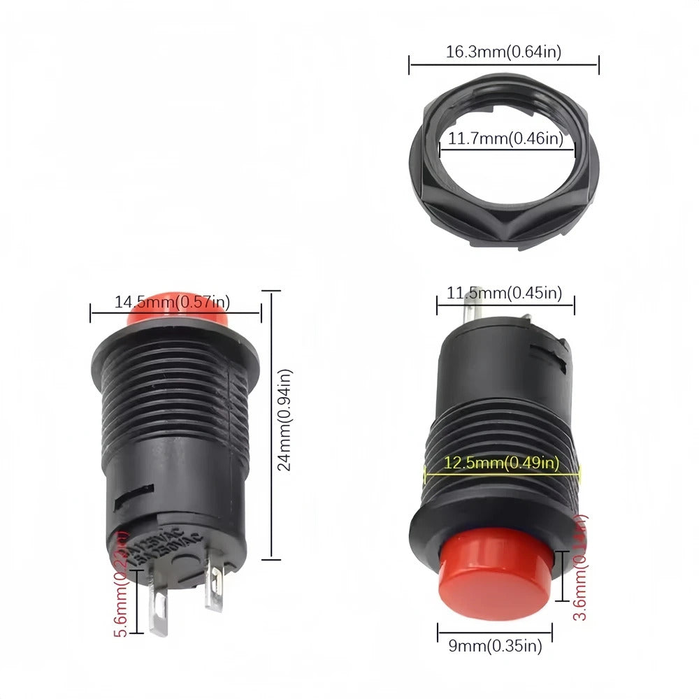 6 x SELF LOCKING / MOMENTARY PUSH SWITCHES 12mm 1.5A 250VAC