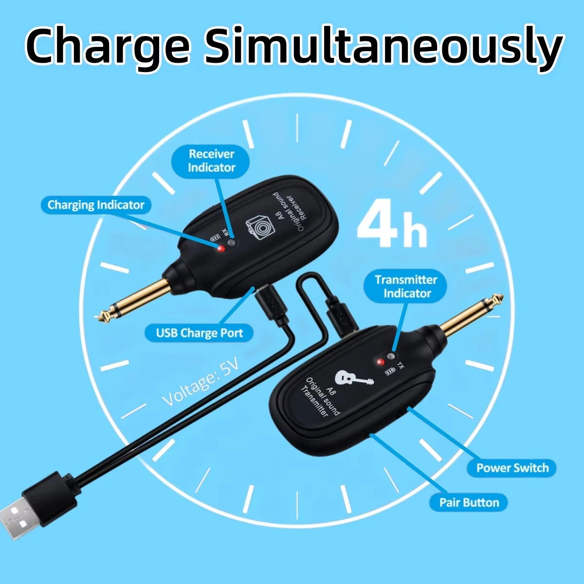 ELECTRIC GUITAR WIRELESS SYSTEM RECHARGEABLE TRANSMITTER & RECEIVER