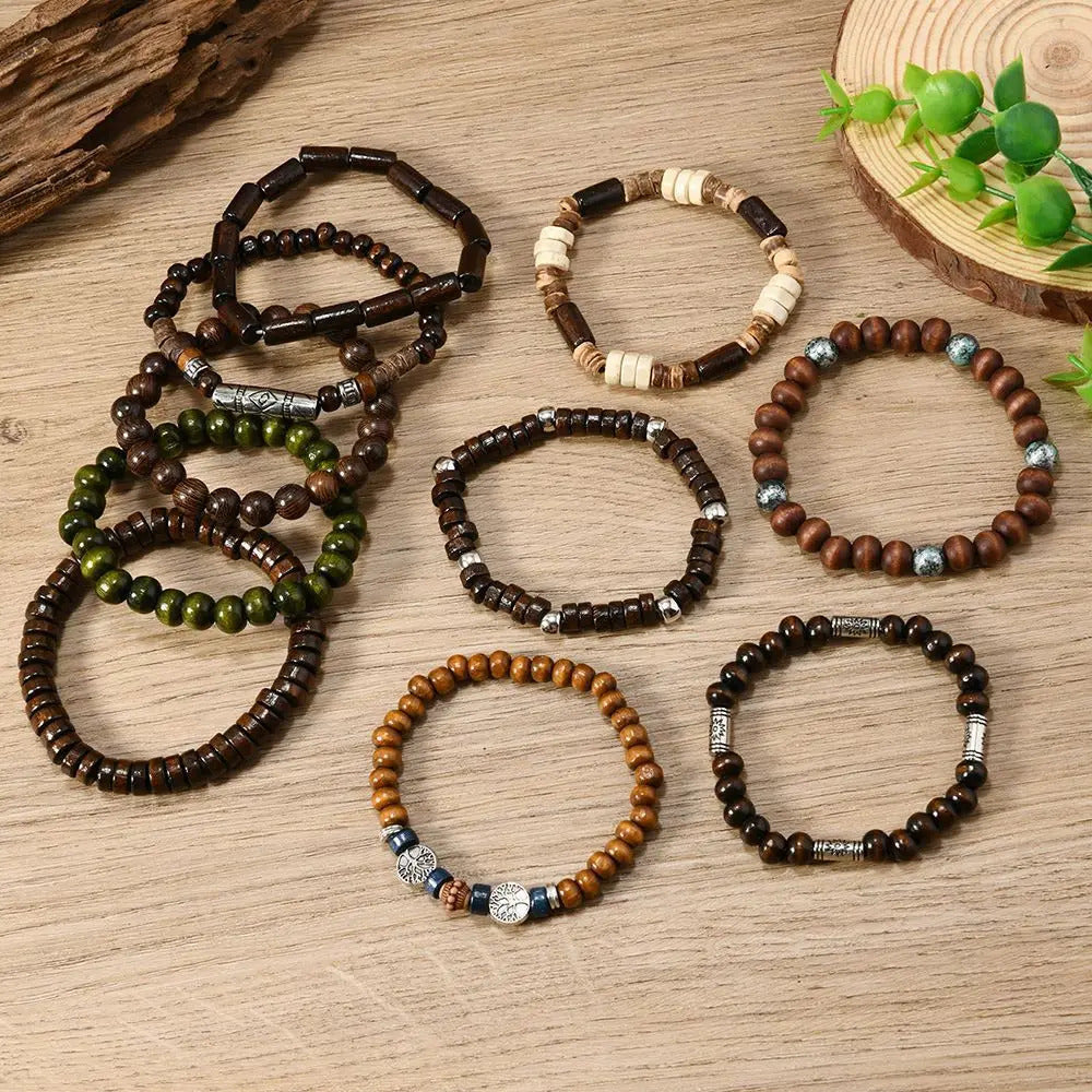10 x WOODEN BEADED BRACELETS FOR MEN – BOHO ETHNIC TREE OF LIFE VINTAGE SET 07