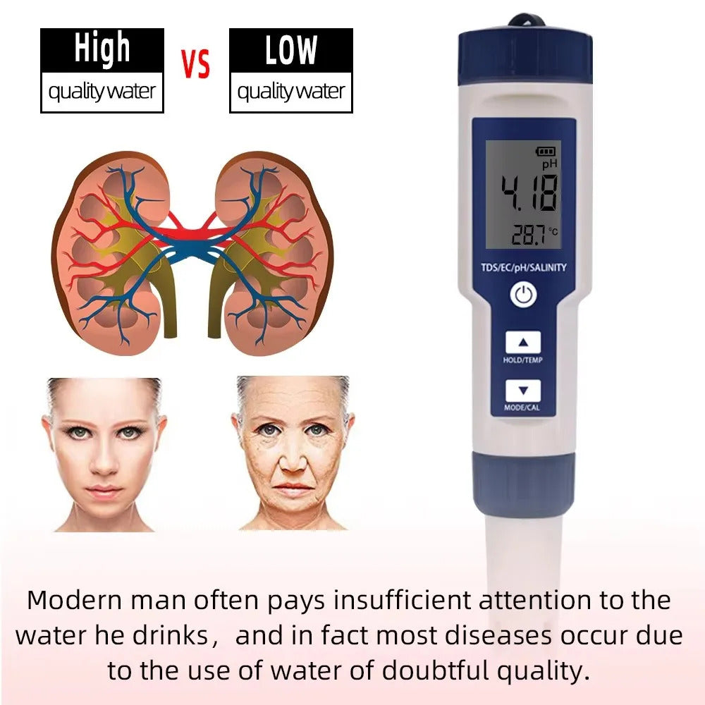 5 IN 1 DIGITAL WATER QUALITY TESTER PH TDS EC SALINITY TEMPERATURE METER