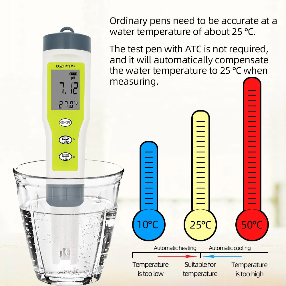 3 IN 1 DIGITAL WATER TESTER PH EC TEMPERATURE METER REPLACEABLE PROBE GREEN