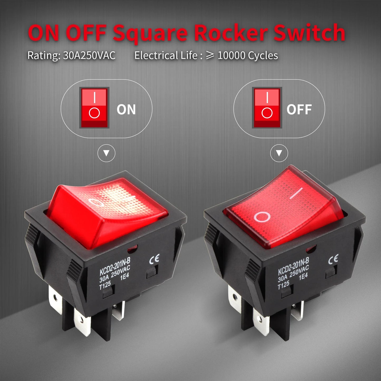 5 x 30A 250V HEAVY DUTY KCD2 ROCKER SWITCH 4 PIN RED LED