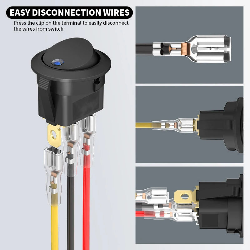 4 x ROUND ROCKER SWITCH WITH LED PRE WIRED 12V 20A