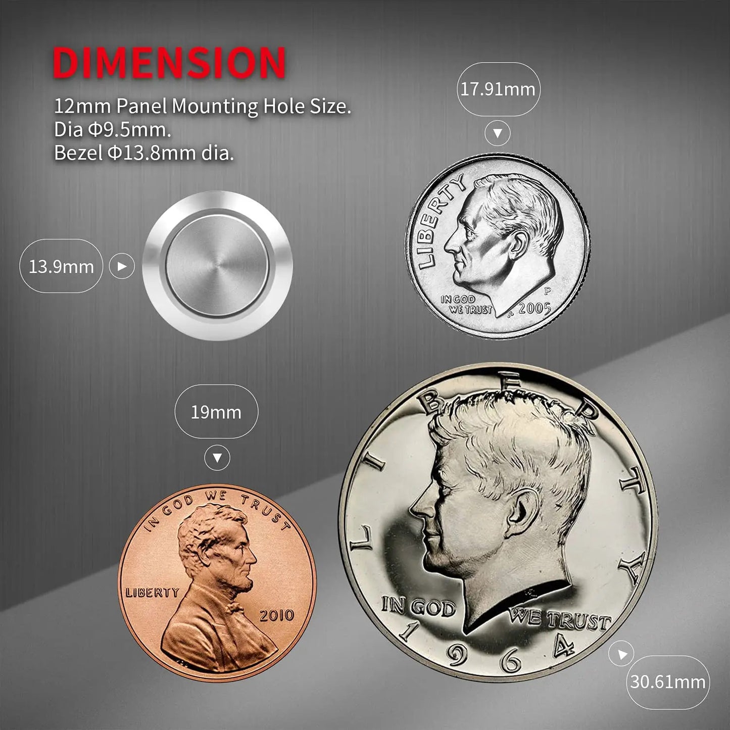 6 x STAINLESS STEEL MOMENTARY PUSH SWITCH 12mm