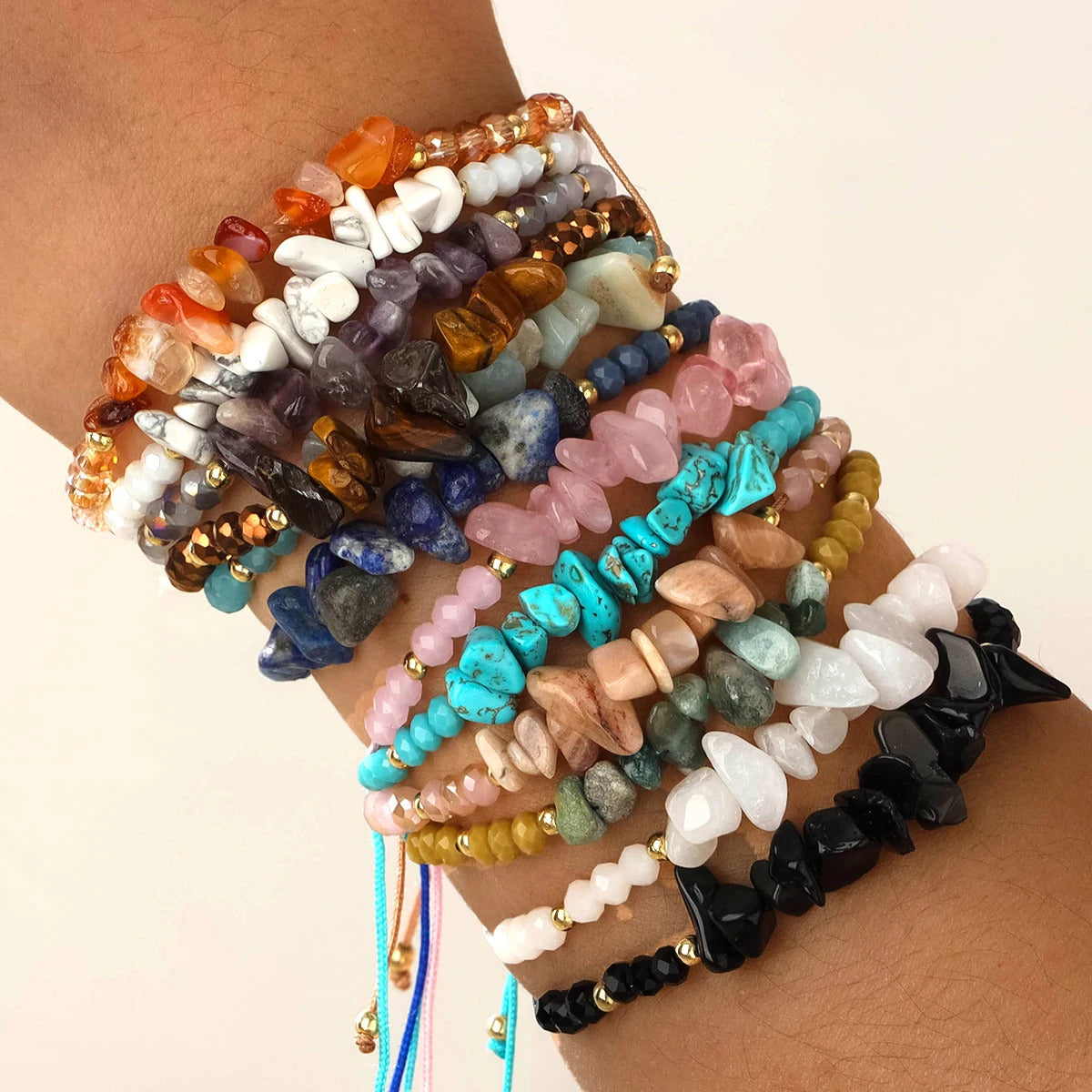 12 x NATURAL STONE STRETCH BRACELET SET – MULTICOLOUR UNISEX BEADED JEWELLERY 02