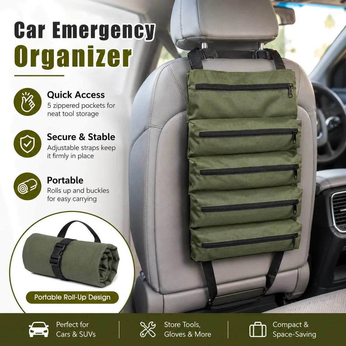 ROLL UP TOOL BAG ORGANISER 5 POCKET OXFORD TOOL STORAGE POUCH GARAGE CAR DIY
