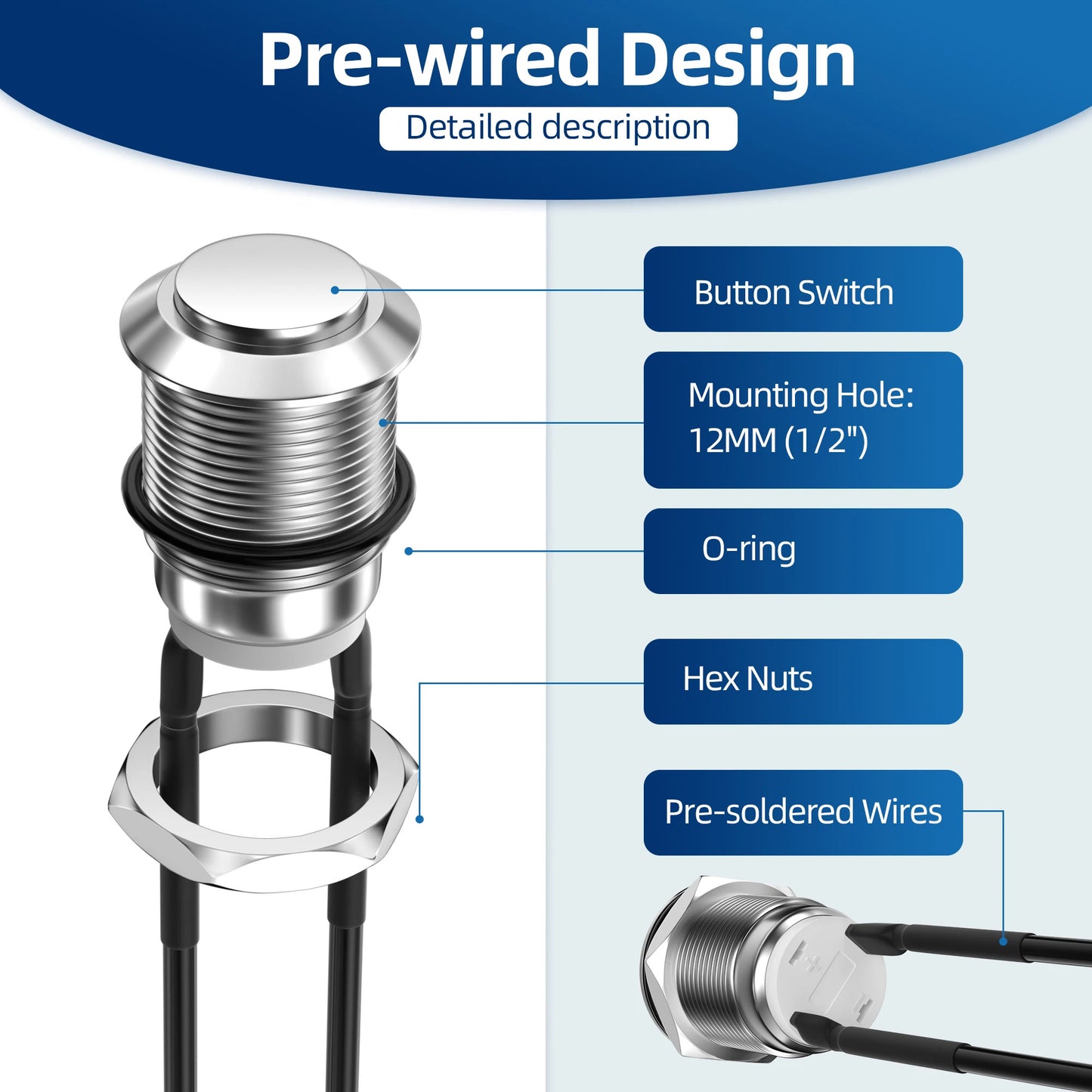 6 x 12mm MOMENTARY METAL PUSH SWITCH PRE-WIRED 12V WATERPROOF