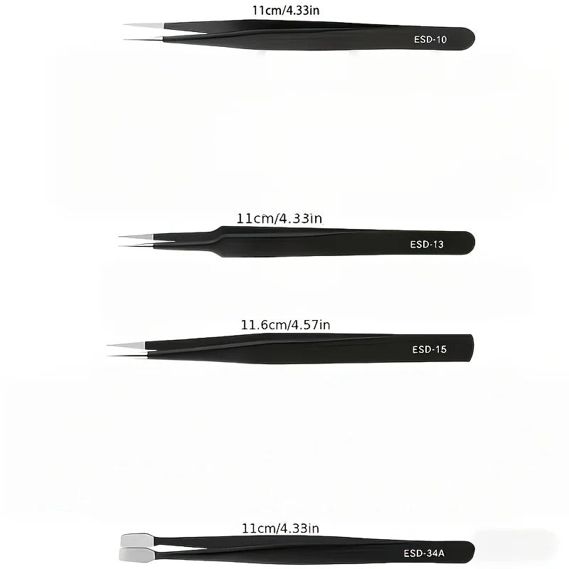4-PACK ANTI-STATIC STAINLESS STEEL PRECISION TWEEZERS SET – ELECTRONICS REPAIR