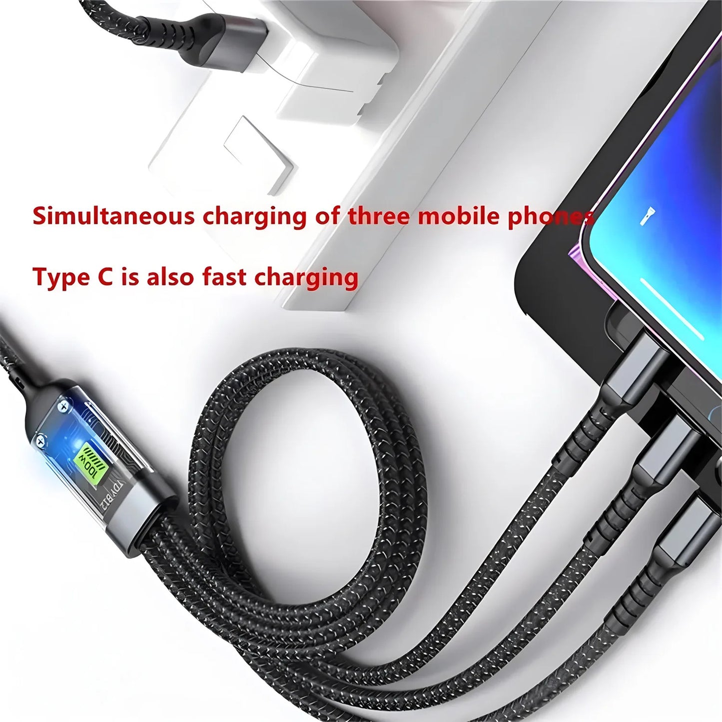 100w FAST CHARGING MULTI WAY CABLE, TYPE C MICRO USB LIGHTNING