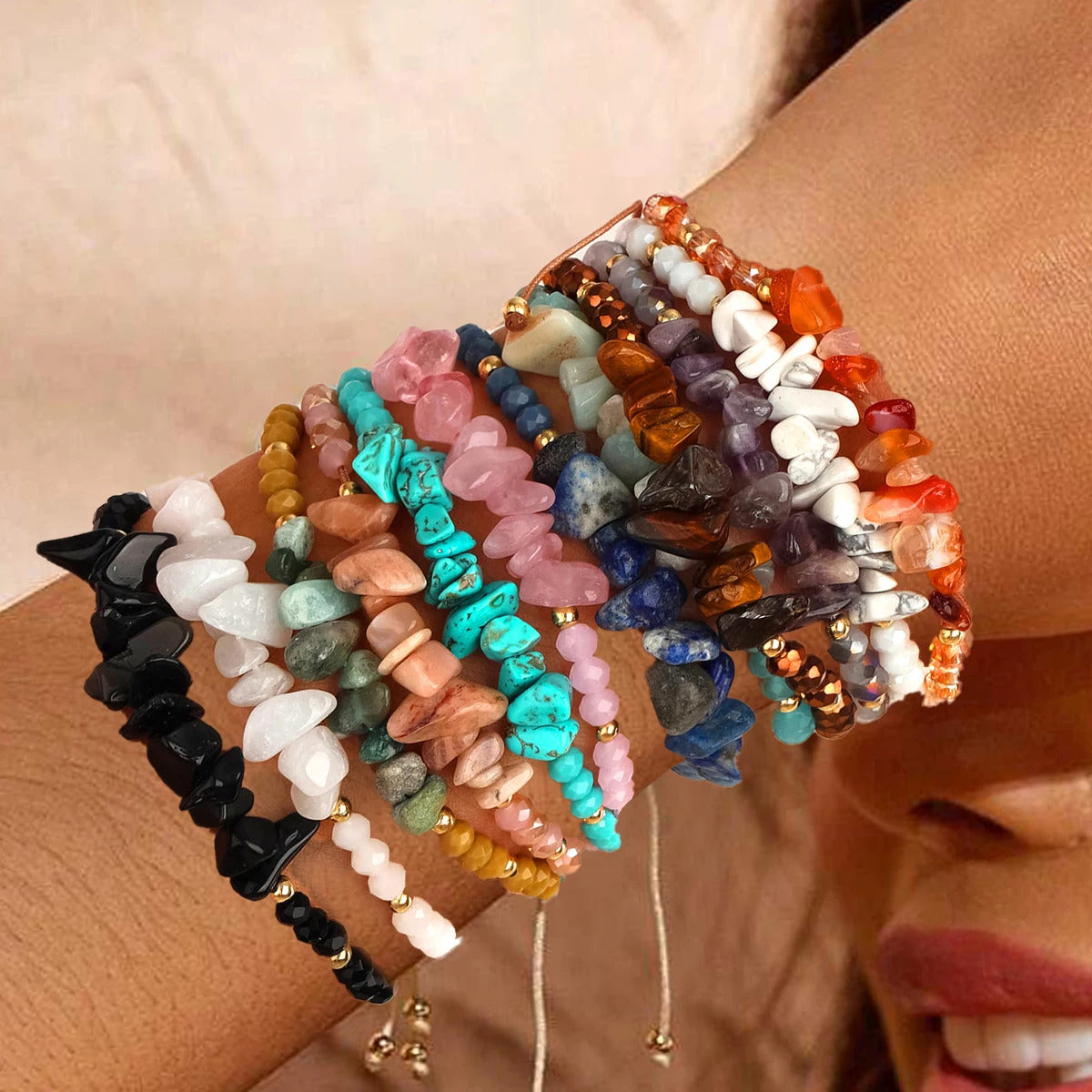 12 x NATURAL STONE STRETCH BRACELET SET – MULTICOLOUR UNISEX BEADED JEWELLERY 02