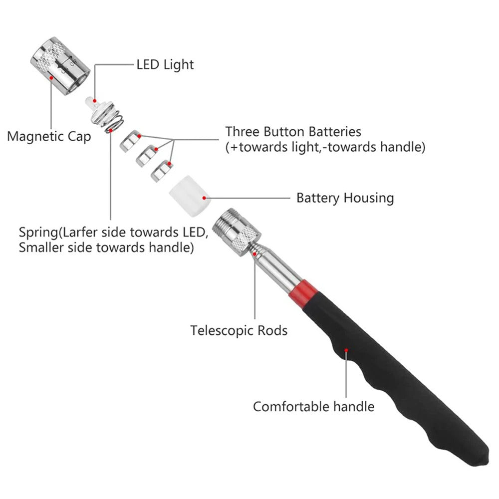 TELESCOPIC MAGNETIC PICKUP TOOL 78cm FLEXIBLE MAGNET PEN WITH LED LIGHT