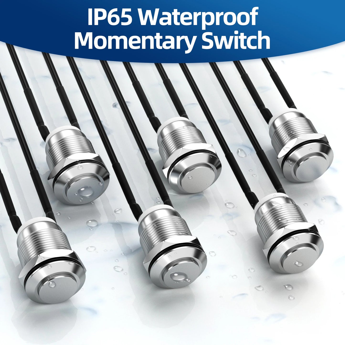6 x 12mm MOMENTARY METAL PUSH SWITCH PRE-WIRED 12V WATERPROOF